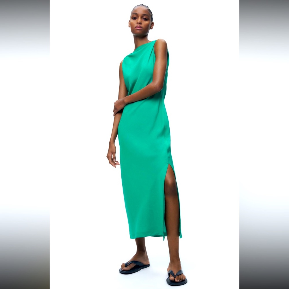 Zara limited edition linen blend ruched Slit Dress